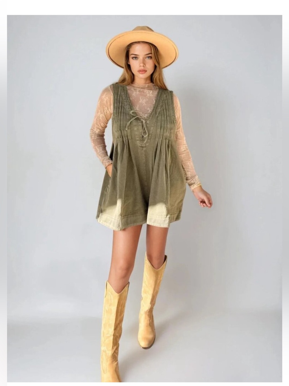 Sleeveless Olive Green V-Neck Romper with Pintuck Detail